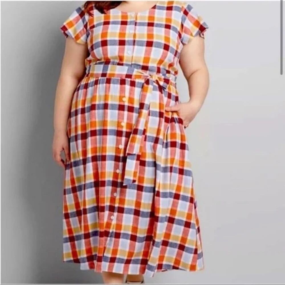Lane Bryant Gingham Belted Shirt Dress Plus Size 18 Preppy Spring Linen
